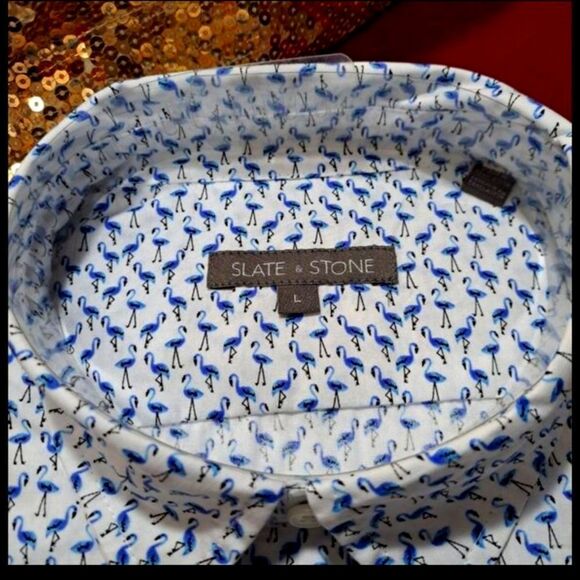 Slate & Stone Button Down  Blue Flamingo collar Shirt Short Sleeve NWT - Picture 1 of 11